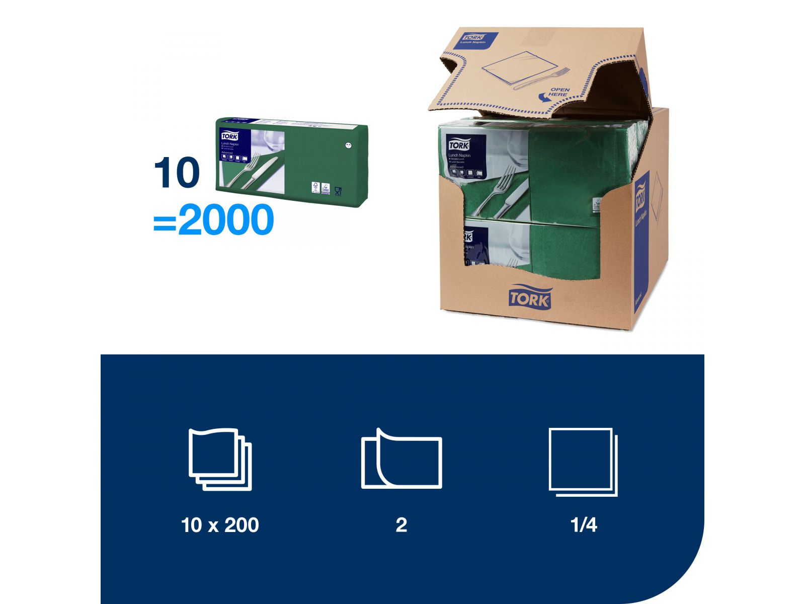 Serwetki Tork 33x33 477214 Ciemnozielone Karton 2000 serwetek (10 x 200) Składana 1/4